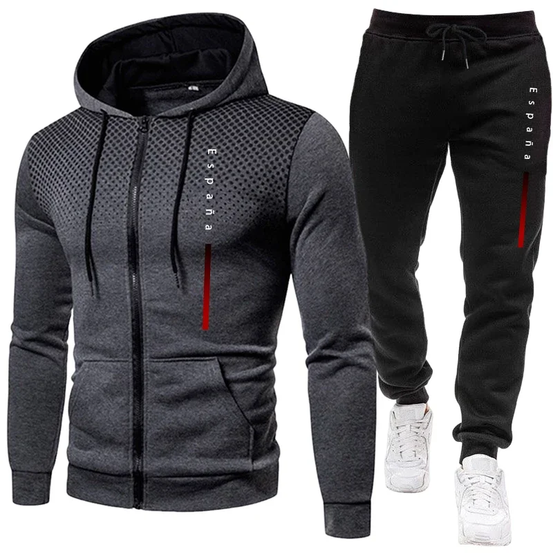 

Autumn Winter Daily Casual Sports Jogger Suit Outdoor Hooded Outfit España Fashion Men's Set Zipper Hoodies and Black Sweatpants