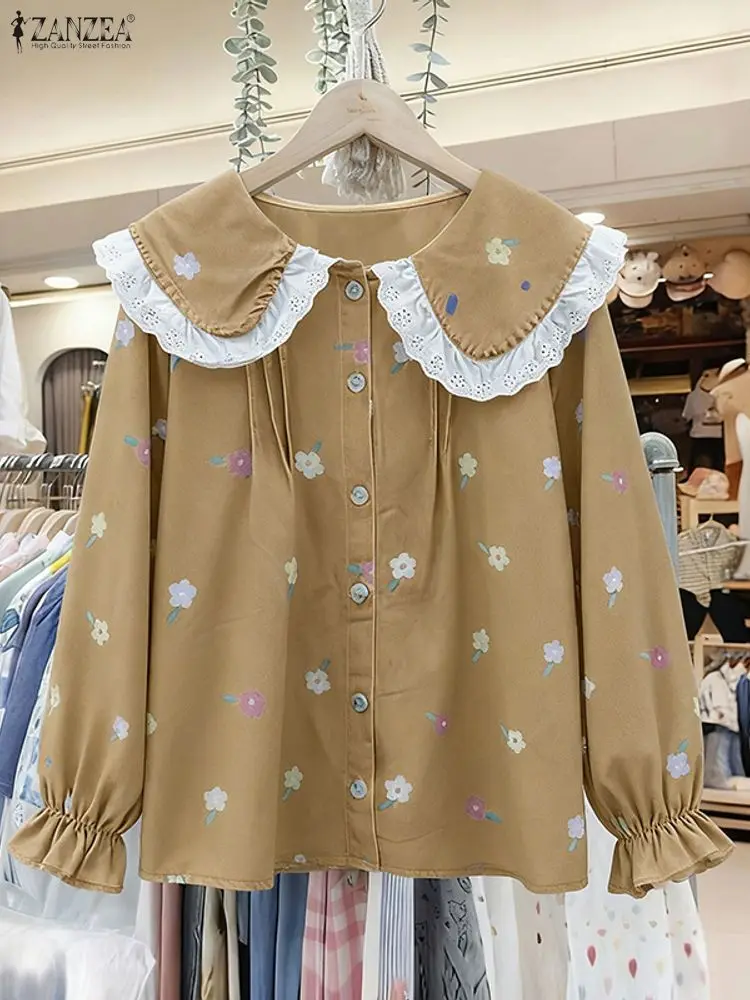 Damskie bluzki ZANZEA z nadrukiem kwiatowym w stylu vintage, koszule z długim rękawem, kołnierzyk Peter Pan, tuniki z koronkowymi wstawkami, bluzki jesienne, bluzki damskie 2025