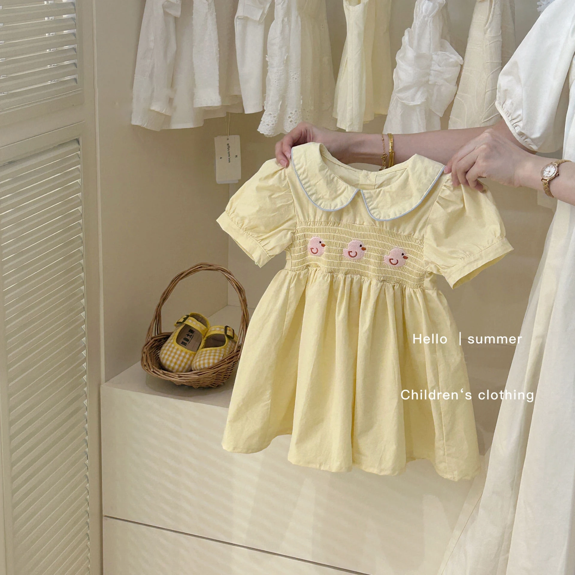 Sweet Puff Sleeve Yellow Girls Dress Summer Cute Duck Embroidered Princess Dress Cotton Children Casual Clothes