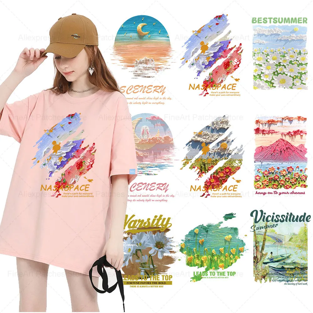 

View Oil Painting Stickers On Clothes Patches Best Summer Heat Transfers Tshirt Diy Thermocollants Badge Handmade Garment Decals