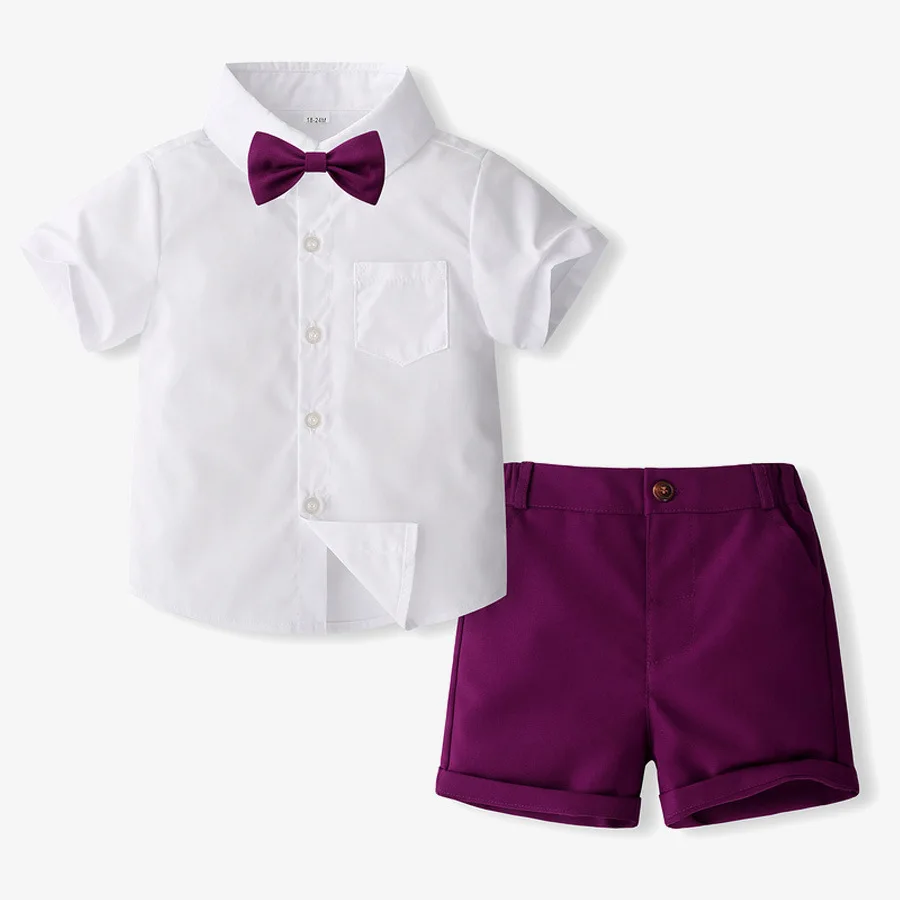 

Summer Kids Boys Formal Set Cotton Shirt with Bow Belt Boys Birthday Party Dress Set 1 2 3 4 5 6 Years