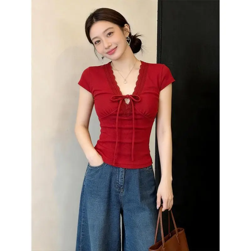 Women Clothing Summer  Fashion Lacing Solid Color V-neck Female All-match Fashionable Appear Thin Short Sleeve Cardigan