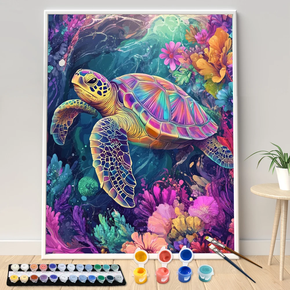 Hand Painting Colorful turtle in the ocean Landscape Painting By Numbers Kit DIY Artwork Canva Art Home Decoration Gift