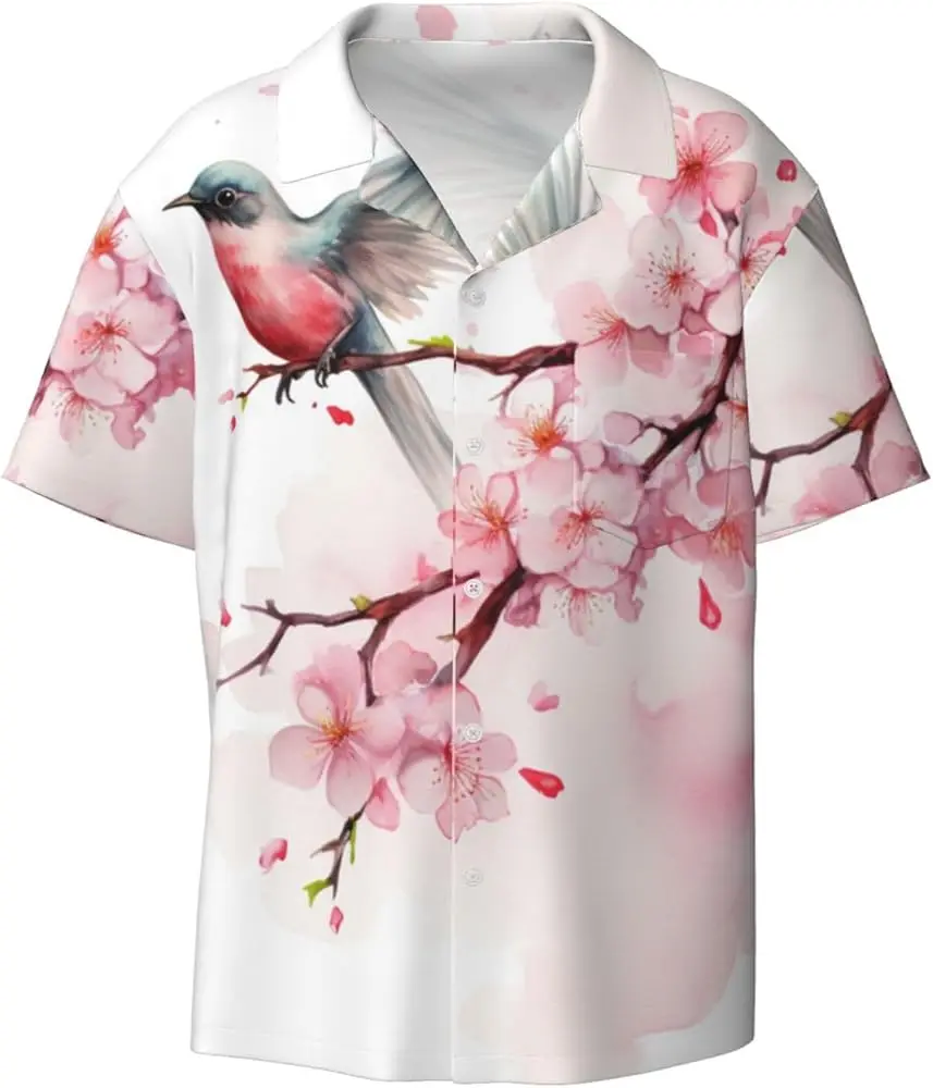

Men's Plum Blossom Print Casual Shirt - Short Sleeve Round Neck Summer Shirt with Black & White Floral Design, Machine Washable