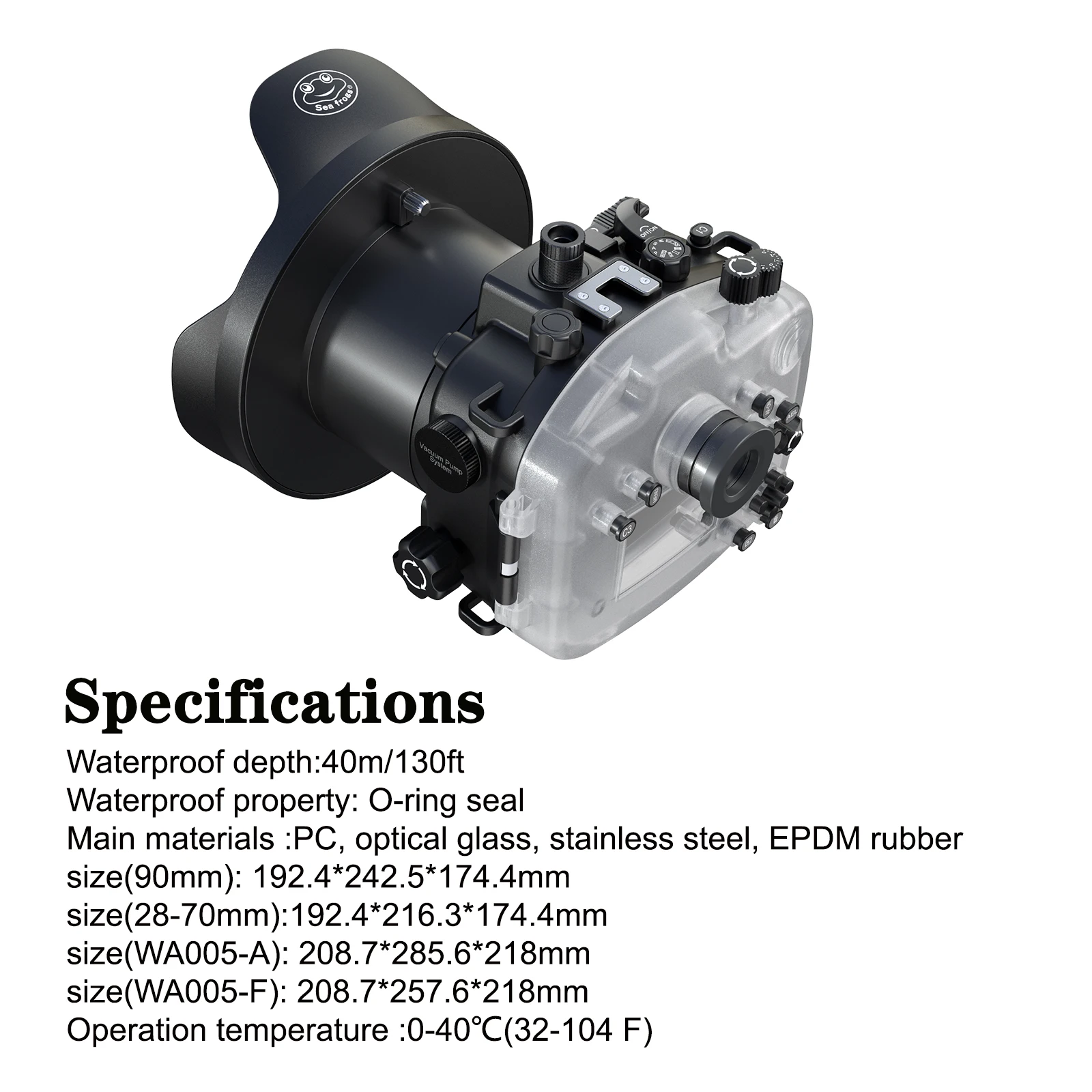 Caixa de câmera à prova d'água Seafrogs com porta Dome de 8 "para Sony A7RIII 24-70mm16-35mm14-24mm 12-24mm lente (incluindo porta padrão)