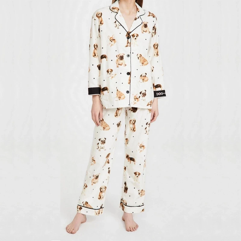 Women Pajamas Set Soft Cotton Cartoon Dog Printed Pyjamas Long-Sleeved Trousers Suit Simple Style Lovely Home Wear PJS Female