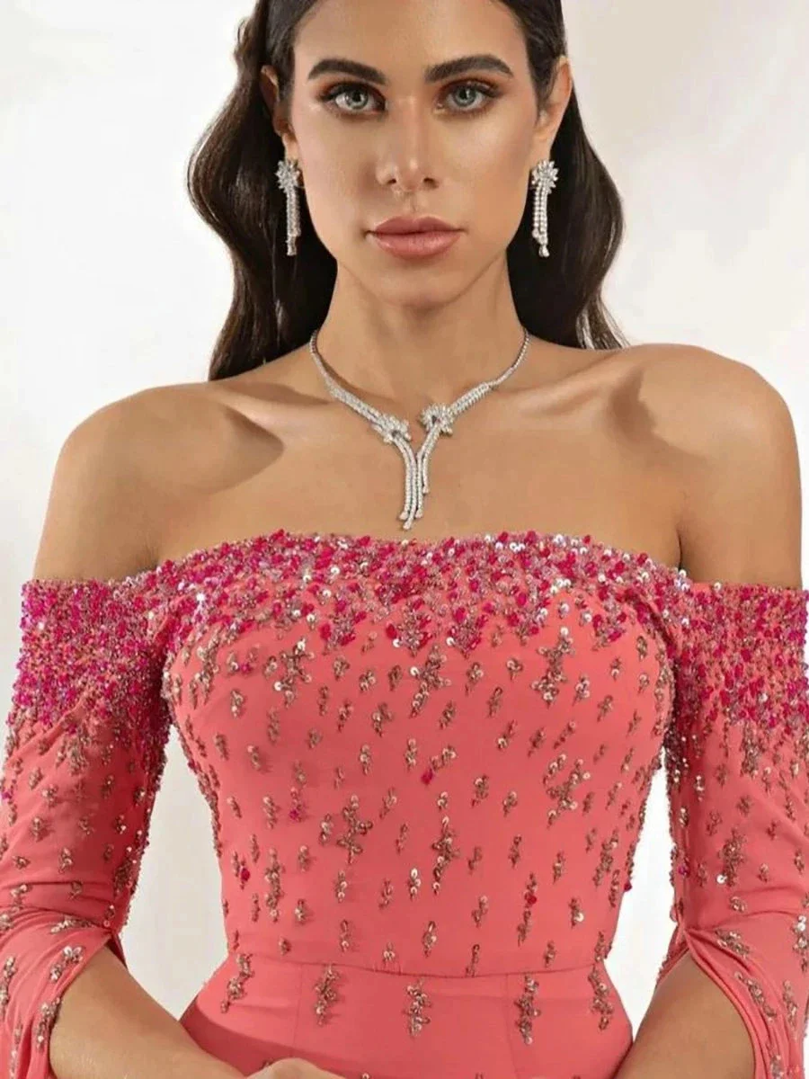 Watermelon Red Half Sleeve Sequined Beading Off The Shoulder Ribbons Woman Formal Wedding Guest Evening Prom Dresses Cocktail