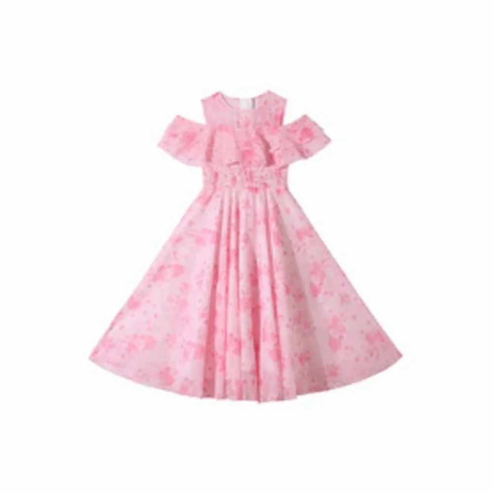 Sweet Loose Girls Chiffon Floral Dress Teenagers Party Summer Dresses Pleated Beach Vacation Children Princess Dress Holiday