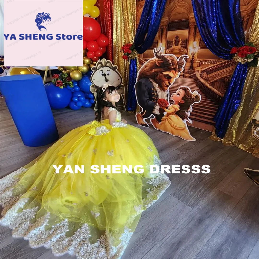 Customized Wedding With Bow Light Yellow Flower Girl Dress Lace Appliqués Eucharistic Birthday Party Prom Customised