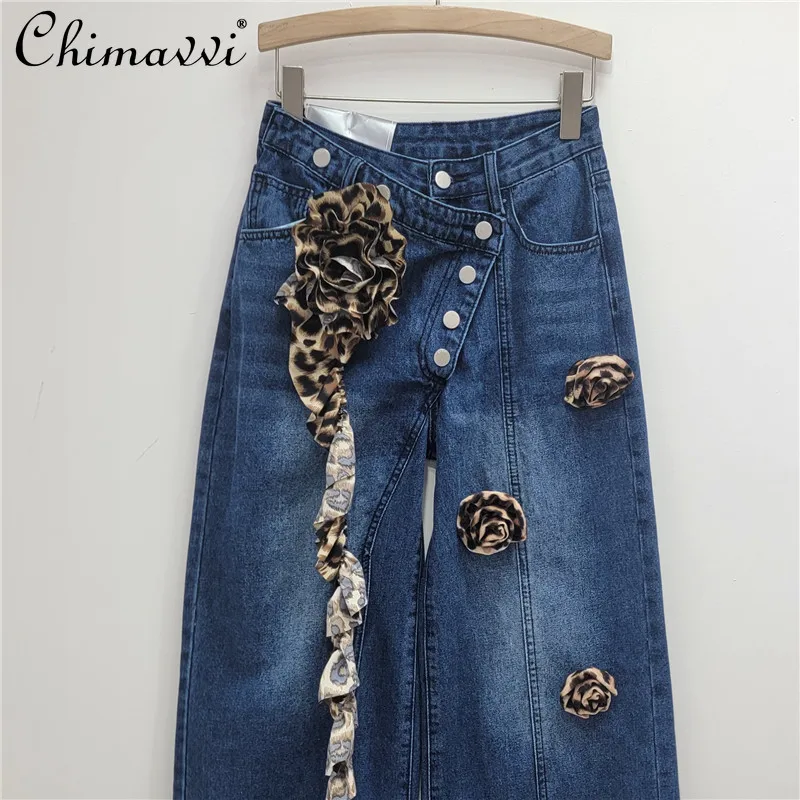 2024 Autumn New Fashion Design High Waist Diagonal Placket 3D Flower Decorative Jeans Women High Street Loose Wide-leg Pants