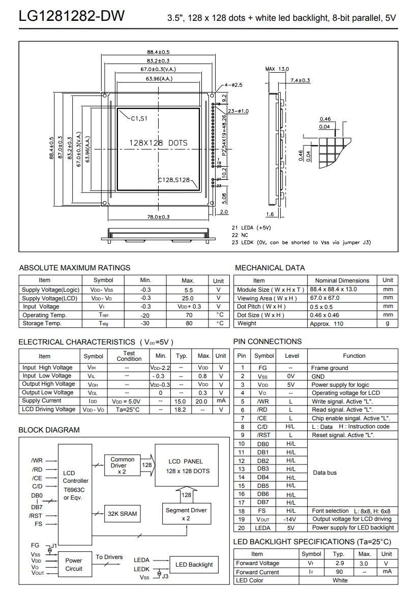 Dot-matrix Module Screen Lcd Graphic Module 8-bit Parallel 128x128 with  White Backlight Led 128x128 Dot matrix Lcd Module