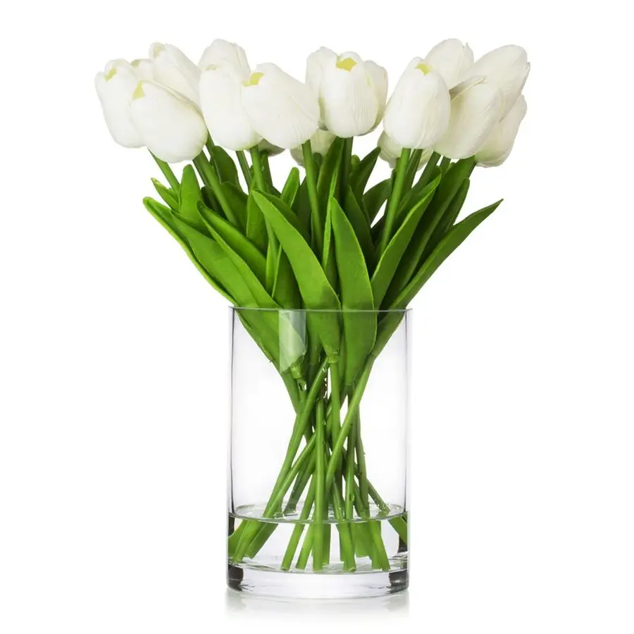 

20 Heads White Tulips Real Touch Artificial Flowers in Vase, Fake Tulips Flowers with Vase and Faux Water for Dining Table Decor