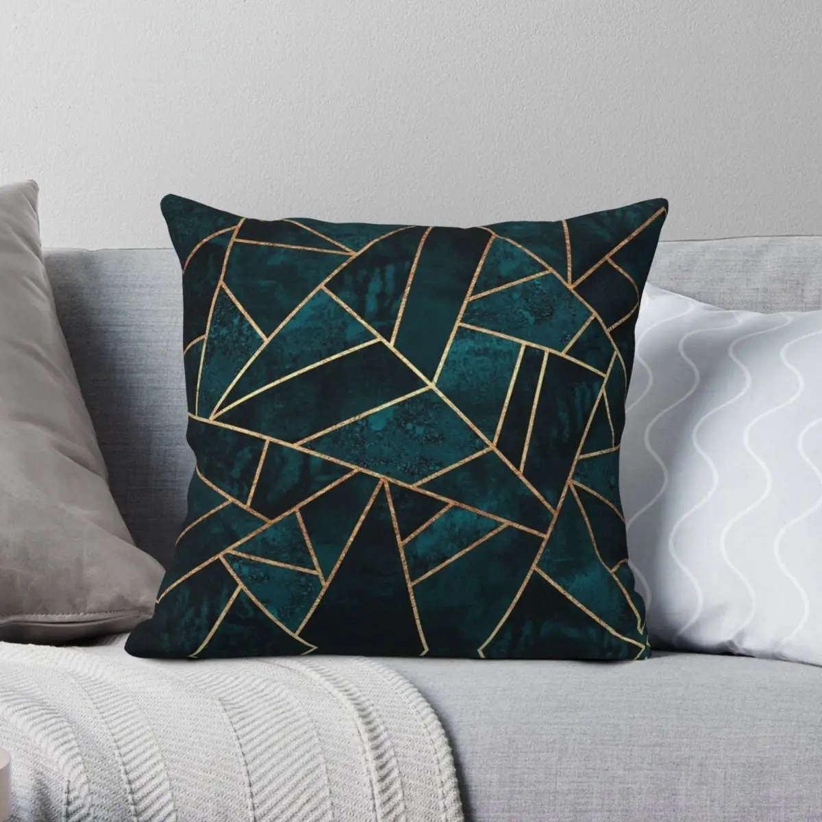 Deep Teal Stone Golden Line Square Pillowcase Polyester Linen Velvet Creative Zip Decor Pillow Case Room Cushion Cover Wholesale