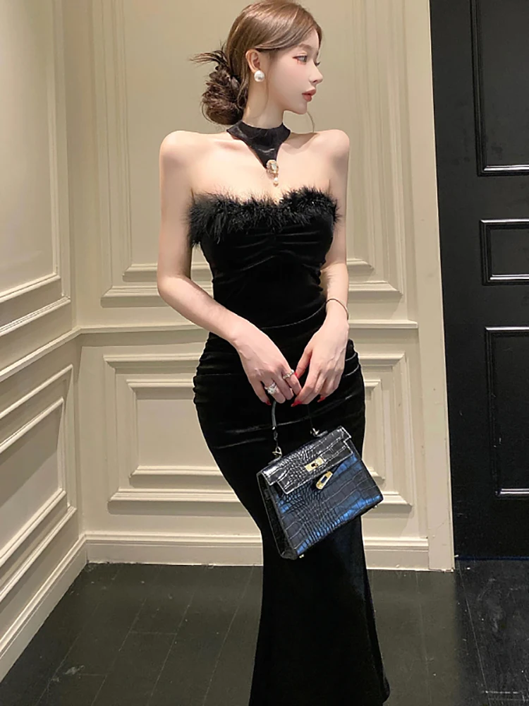 

Black Velvet Chic Faux Collar Chest Wrapping Sexy Long Dress Women Auutmn Elegant Luxury Evening Dress 2025 Korean Vintage Dress
