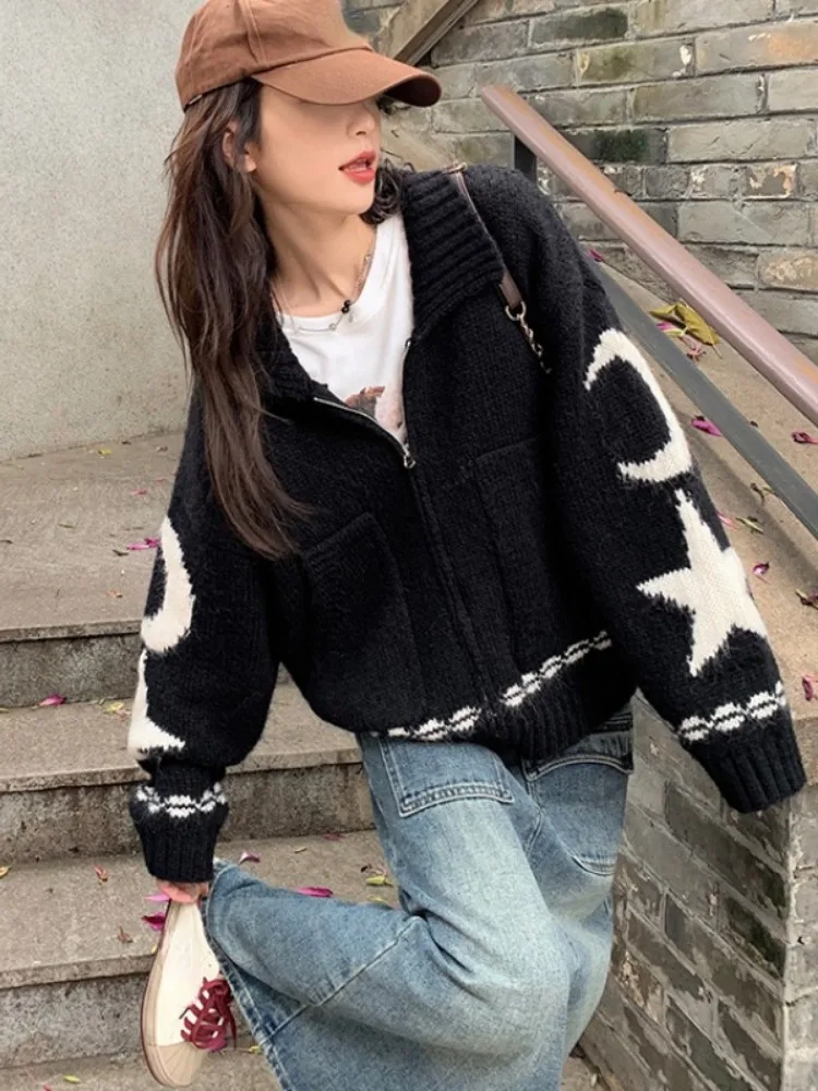 Streetwear Vintage Zipper Cardigan Women Star Knitted Contrast Turn-down Collar Sweater Coat Y2k Aesthetic Loose Tops All Match