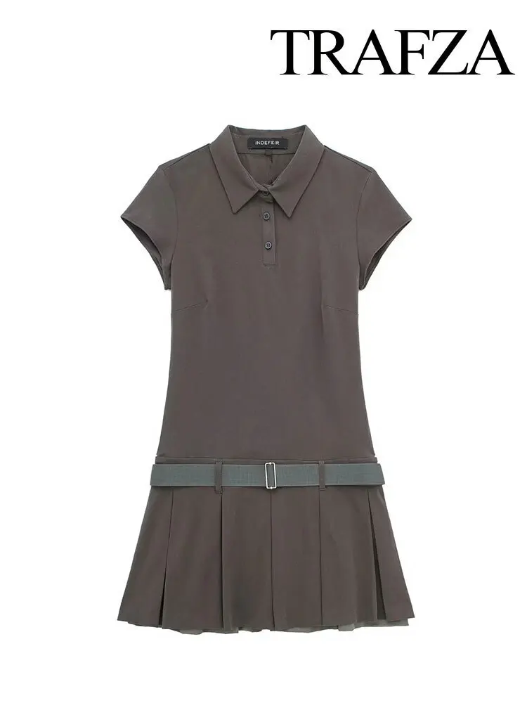 Mini vestido fino plissado de polo feminino, cinto retrô, saia de rua elegante, monocromática, nova moda, primavera