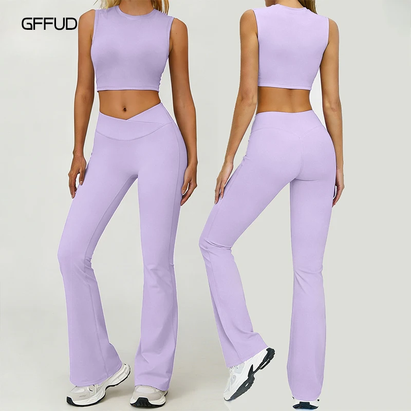 Women's Casual Athletic Gym 2 Piece Outfit Cropped Sleeveless Sports Top with Breast Pads High Waist Tummy Control Flare Pants