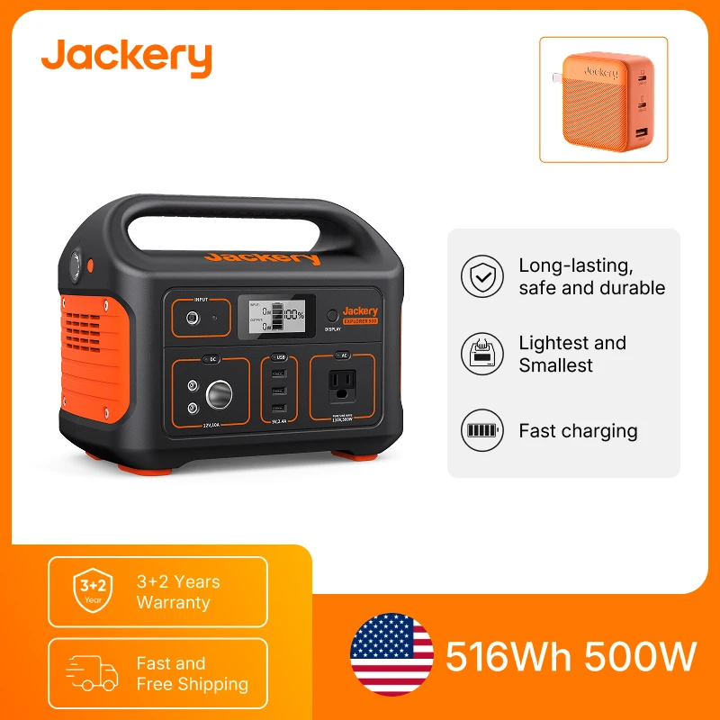 

Портативная электростанция Jackery Explorer 500 и быстрое зарядное устройство 102 Вт, солнечный генератор для домашнего использования, аварийного резервного питания, поездок на автомобиле