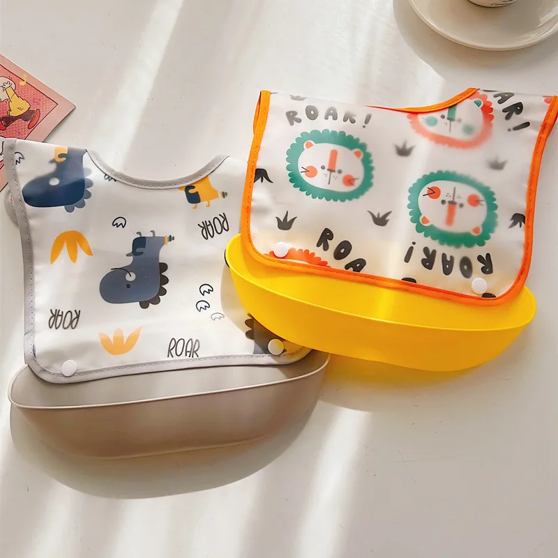 Baby Bibs EVA Plastic Waterproof Lunch Feeding Burp Cloths Cute Cartoon Detachable Rice Pocket Newborn Boys Girls Feeding Apron