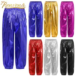 Kids Boys Girls Metallic Harem Pants Elastic Waistband Shiny Trousers for Modern Hip Hop Street Dancewear Jazz Dance Costumes