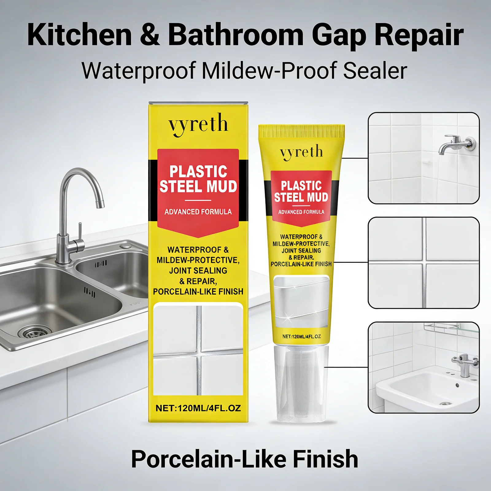 Plastic Steel Putty Kitchen Bathroom Gap Repair & Waterproof Sealant Anti-Mold Adhesive for Sink, Tile, Pipe Leak Sealing Repair