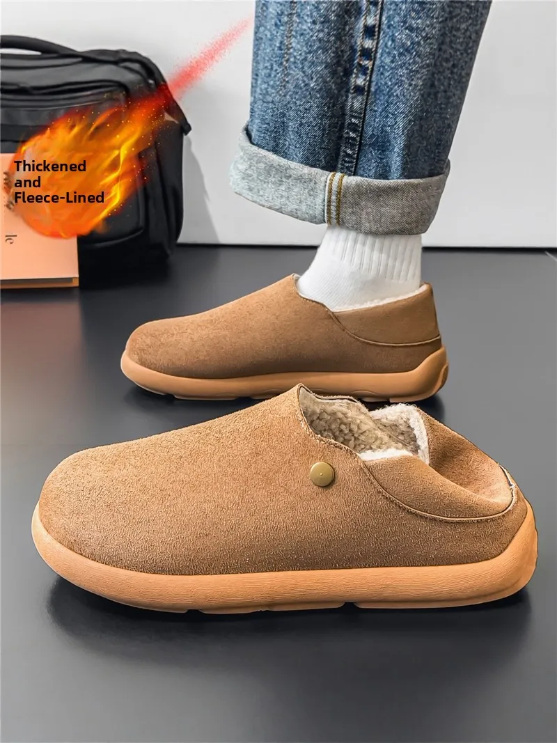 Men's Winter Warm Fleece Lined Slip-On Cotton Slippers Outdoor Casual Retro Versatile Cotton Shoes round Toe Low Heel Rubber ...