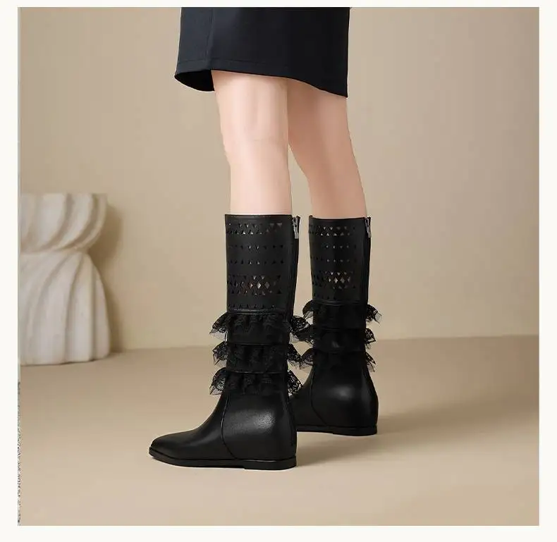 New Women's Shoes Genuine Leather Mid Calf Boots Pointed Toe Flats Hollow Out Lace Ruffle Trim Side Zipper Elegant Summer Boots