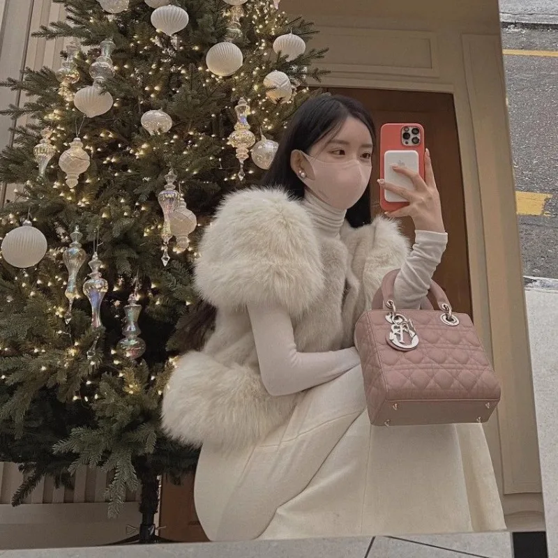 Women's 2026 Autumn Winter Korean Dongdaemun Vintage Faux Fox Fur Vest Single Breasted Sleeveless Coat Chic Coquette Trendy