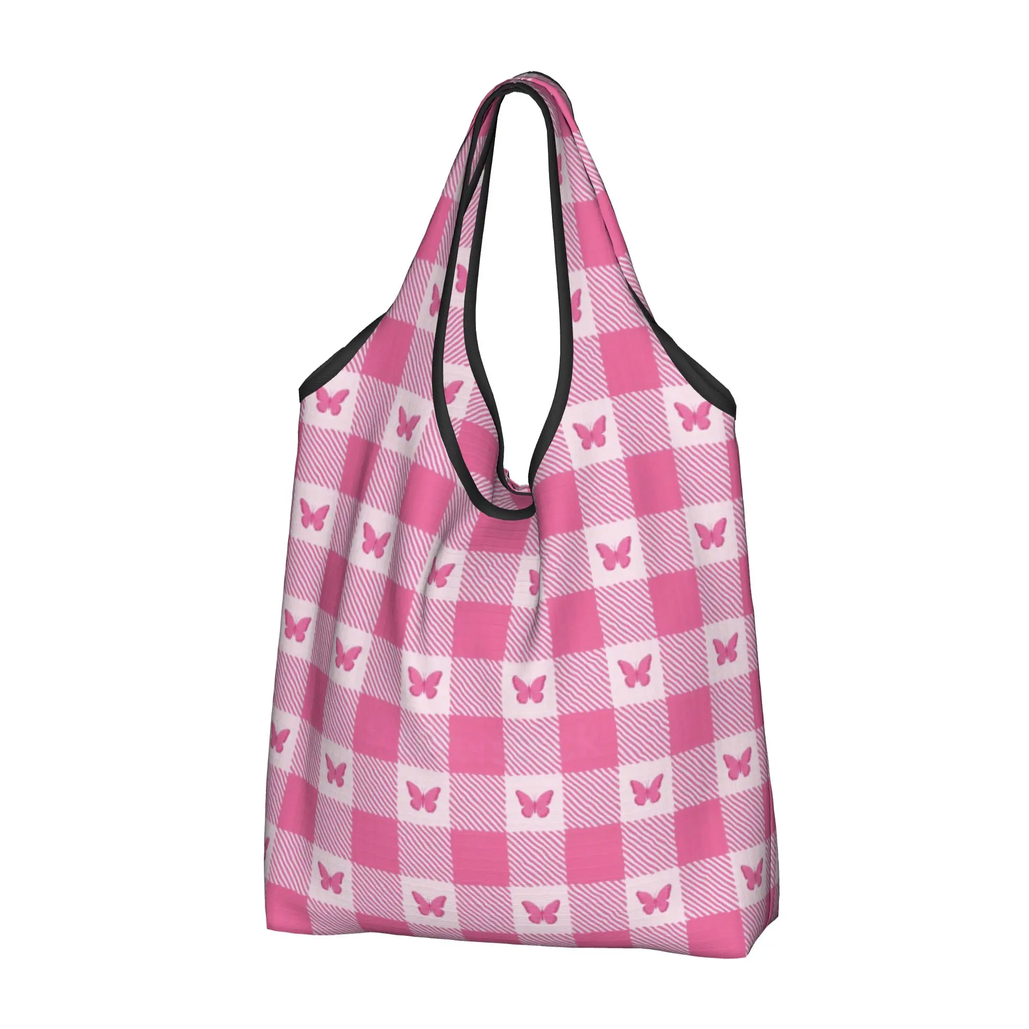 Custom Butterfly Colourful Square Checkered Plaid  Shopping Bag Women Portable Big Capacity Groceries  Shopper Tote Bags