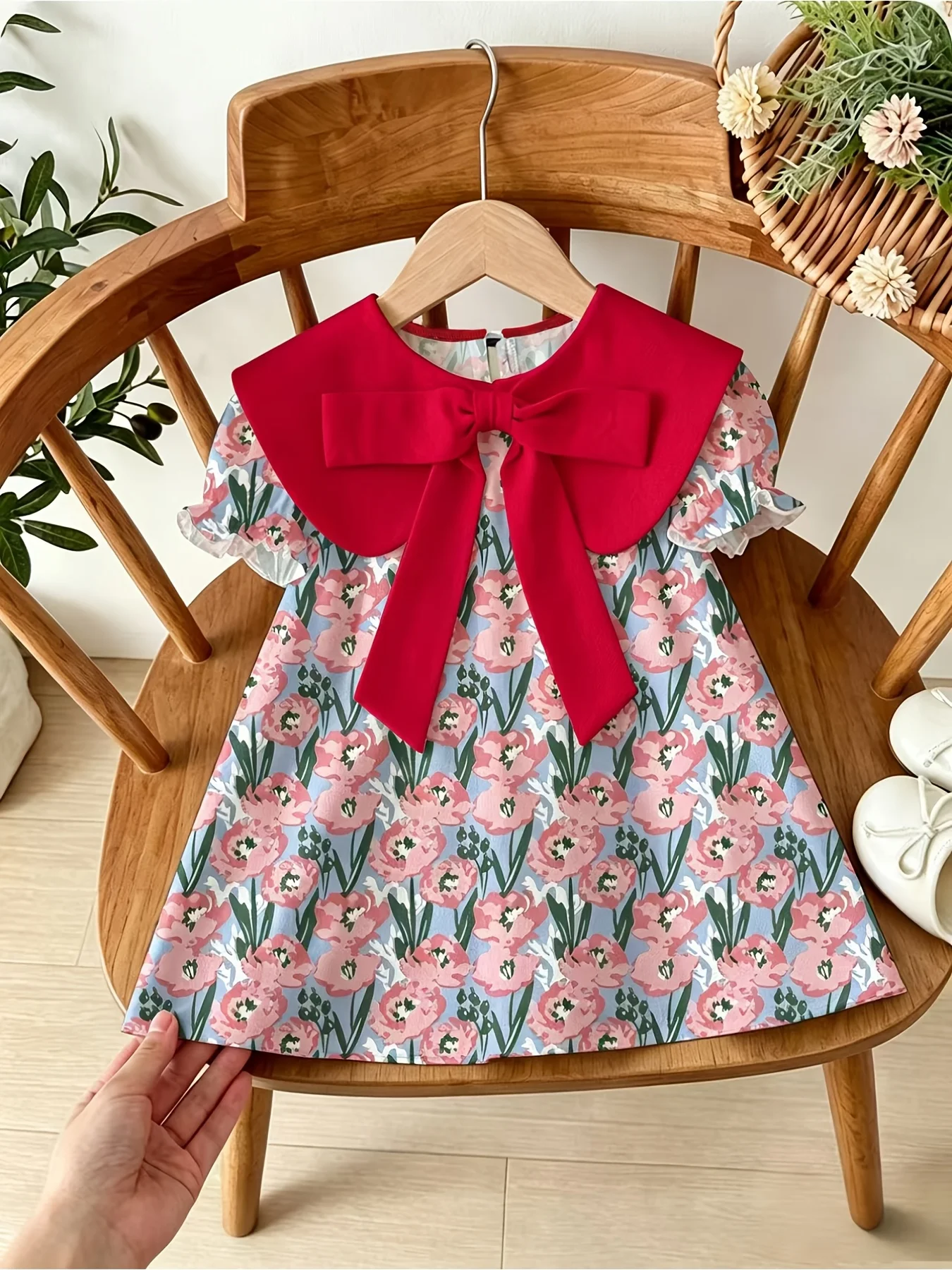 Children's Casual round Neck Dress with Fake Collar Butterfly Bow Checkered Pattern Short Sleeve Top