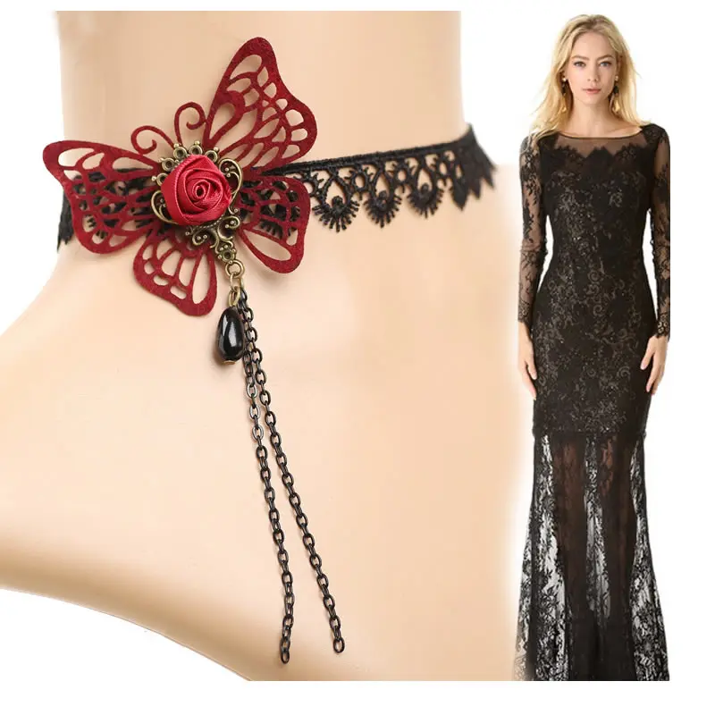 قلادة وشم بشرابة كريستال فيكتورية للنساء ، قلادة دانتيل أسود ، ياقة عتيقة ، مجوهرات زفاف ، موضة قوطية ، صيحات #2