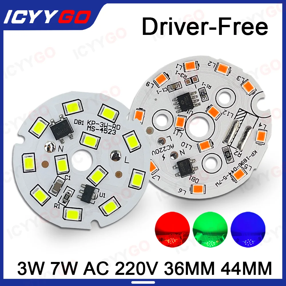 10 ชิ้น AC220V ไดร์เวอร์ฟรี 3 วัตต์ 7 วัตต์แสงสีแดงสีฟ้าแสงสีเขียว 36 มิลลิเมตร 44 มิลลิเมตร SMD2835 เหมาะสำหรับ DIY หลอดไฟดาวน์ไลท์แผง