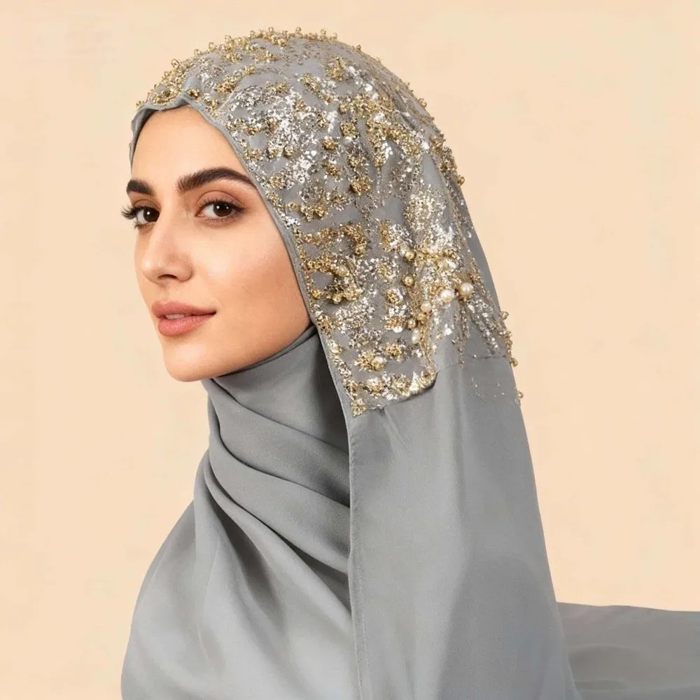 Luxury Beaded Lace Instant Hijab Rhinestone Collar Soft Chiffon Sequin Hijab Chiffon Headscarf For Women