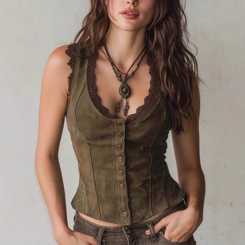 

Vintage Sexy Washed Lace Trim Tank Top Elegant women Breasted Slim Sleeveless Top Inner Wear & Outer Wear Streetwear Vest Coat