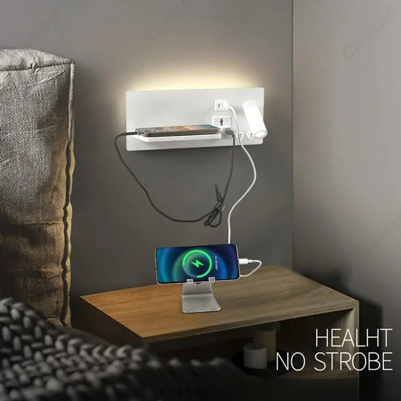LED Adjustable Angle Wall Lamp USB Charging Port Mobile Wireless Charging Living Room Hotel Bedroom Bedside Reading Light