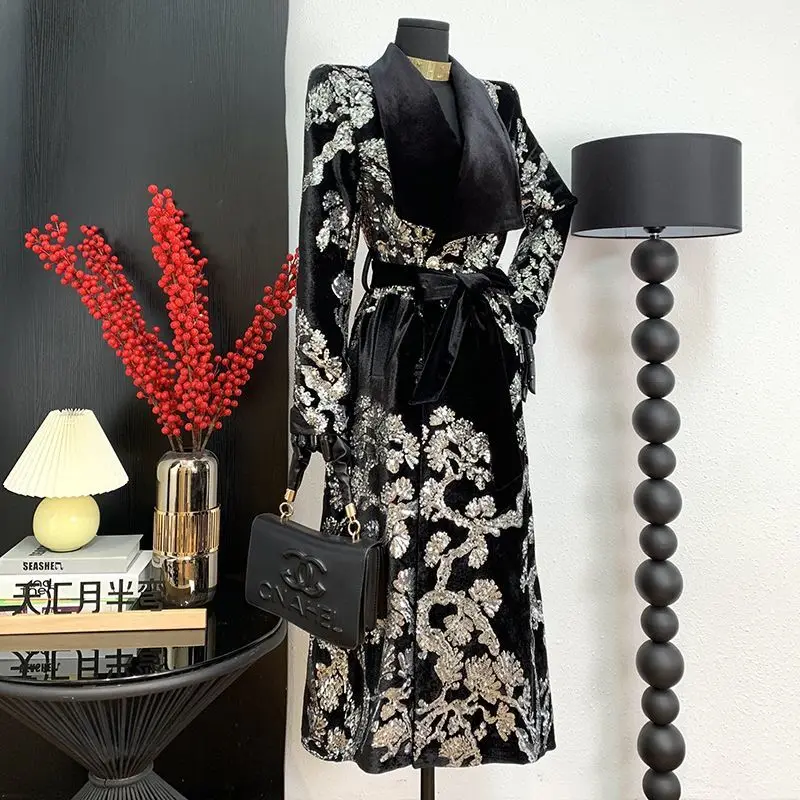

Luxury Brand Designer Women's Clothing Long Trench Coat Spring Autumn New Sequin Long Overcoat Belted Slim Jacket Winter Clothes