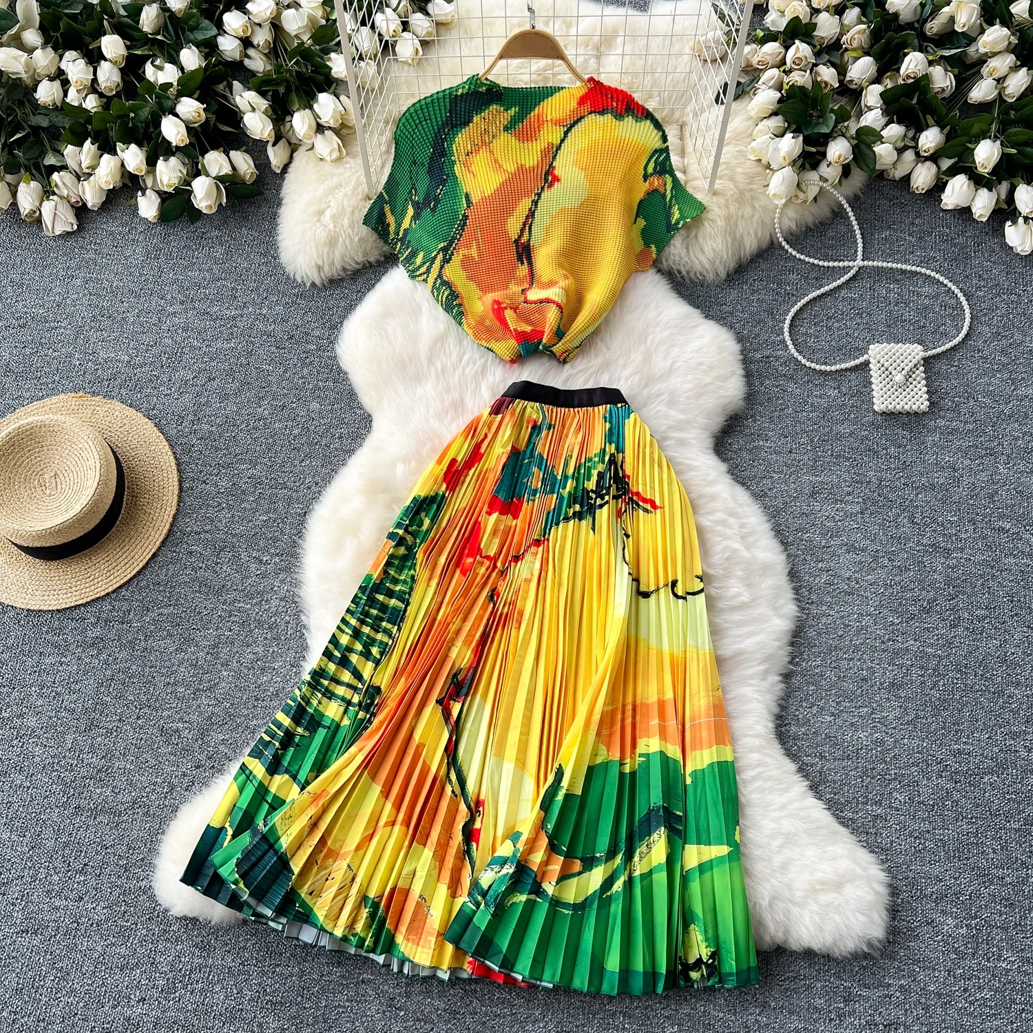 

Clothland Women Fashion Print Blouse Skirt Suit Short Sleeve Shirt Pleated Midi Skirts Summer Two Piece Set Mujer TA472