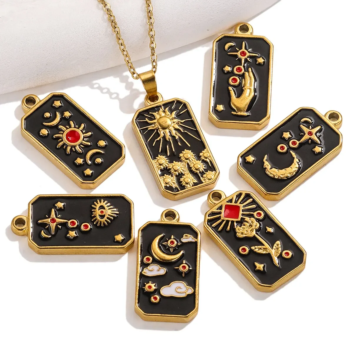 5 pezzi in acciaio inossidabile smalto nero luna placcato oro rettangolare tarocchi retrò popolare ciondolo orecchini fai da te collana creazione di gioielli