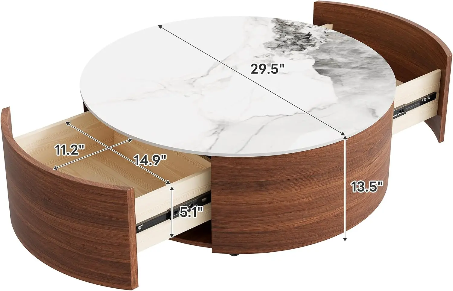 29.5'' Round Coffee Table with 2 Drawer Storage & Smooth-Moving Casters, Modern Fluted Wood Coffee Table for Living Room, Sinter