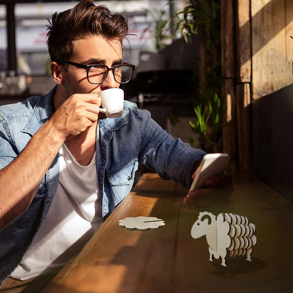 【¡¡Nuevo y cupón de usuario!】2 juegos de posavasos de ovejas, figuritas de ovejas de madera, decoración del hogar