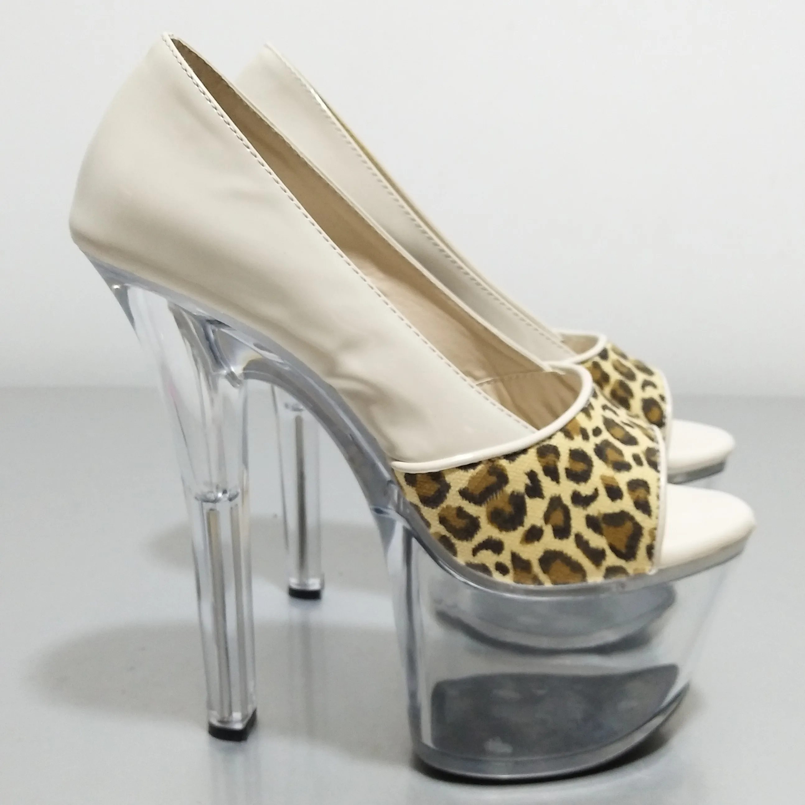 Material Estampado Leopardo Saltos altos, sola grossa, 17cm Saltos finos, Cabeça de cristal, Plataforma impermeável, Sapatos de dança, Sexy