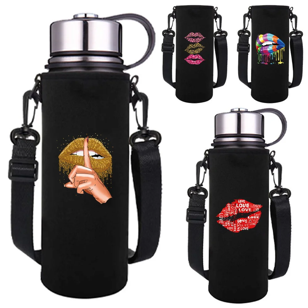

550-1500ML Insulated Water Bottle Sleeve Adjustable Strap Mouth Print Portable Outdoor Water Bottle Carrier for Hiking, Travel