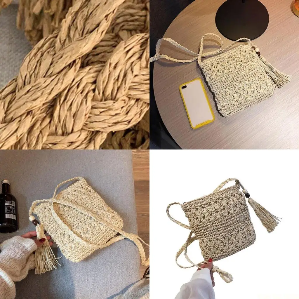 

X90d Женский пляж пляж сплетен соломенная сумка для мессенджера с кисточником Boho Hollow Out Crochet Crossbode Sumbag Macrame