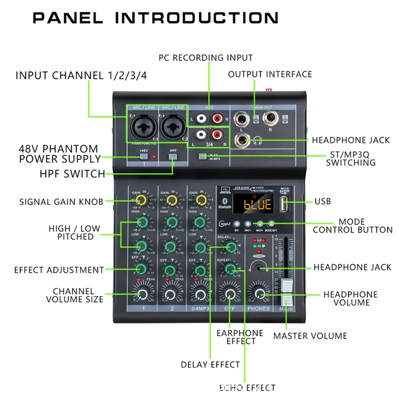 Professional Digital DJ Mixer Console 4 Channel Audio Mixer With USB Port Supports Bluetooth Connection Playback