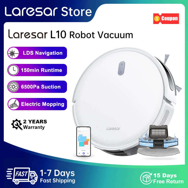 Laresar L10 SoF LiDAR Robot Vacuum Cleaner Mop 6500Pa 150min Cordless APP Control Smart LDS Planned Home Floor Carpet Cleaning