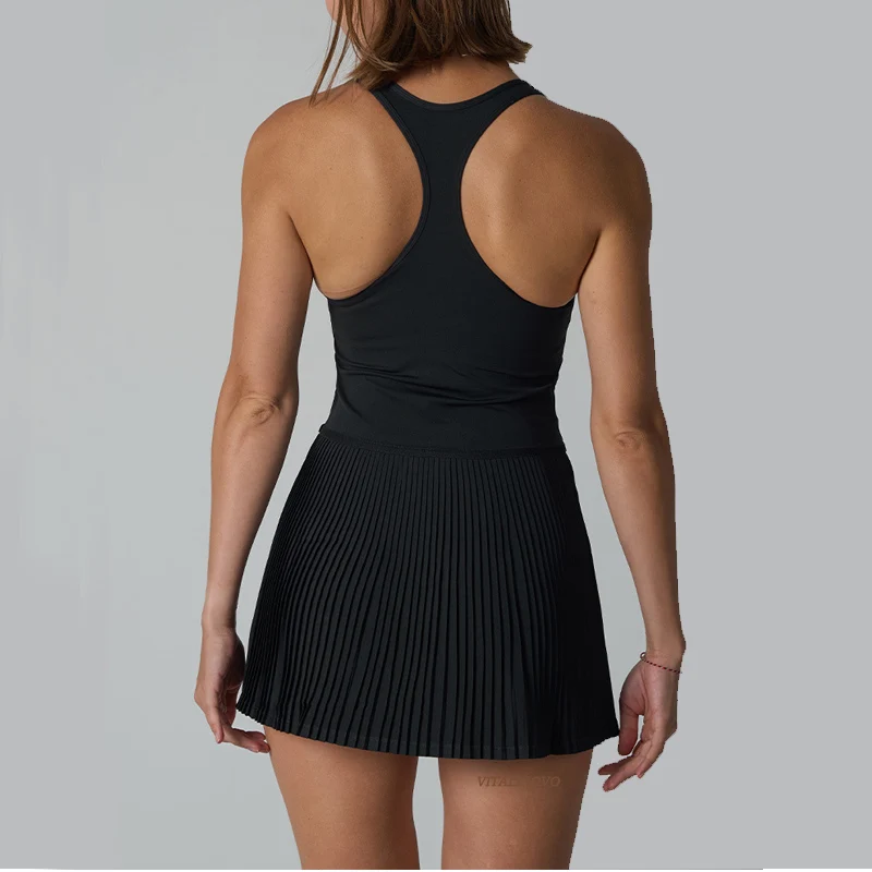VITALINOVO Damen-Tenniskleid, U-Ausschnitt, integrierter BH, Golf-Sportkleid ohne Shorts, Racerback, Workout, Gym, plissierte Minikleider – Detail 2