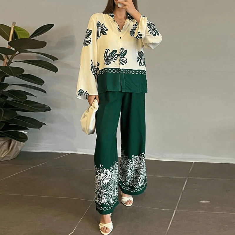 

Elegant Loose Straight Pants Outfits 2024 New Fashion Printed Patchwork Women Suit Casual Commuting Long Sleeved Shirt 2pc Set