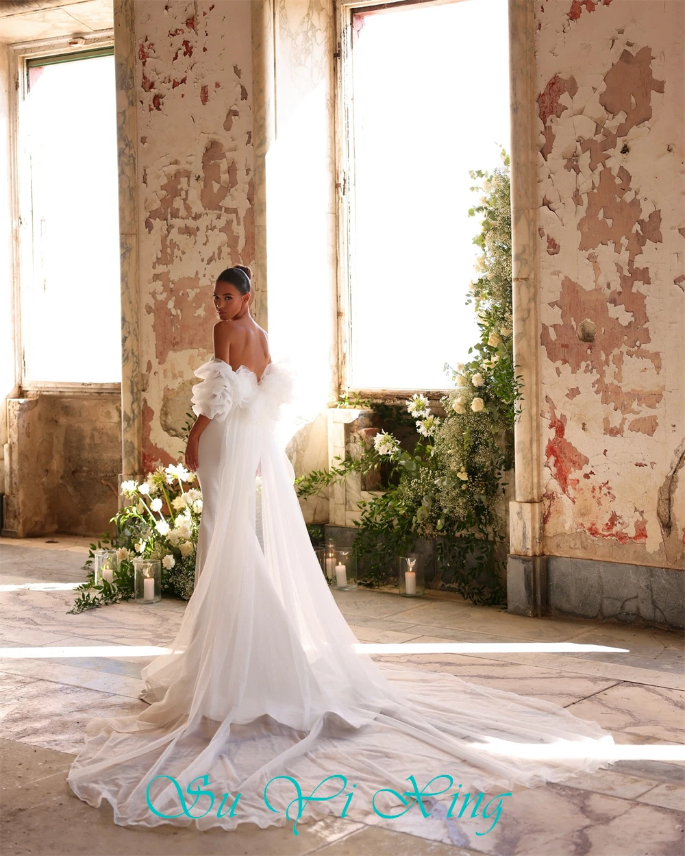 تخصيص كلاسيكي الأبيض جيرسي مساء اللباس الأنيق الخامس الرقبة أكمام فساتين الزفاف حساسة حورية البحر الدانتيل فساتين المشاهير #4