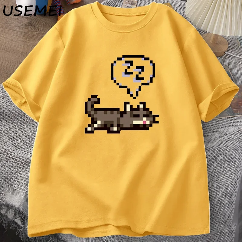 Stardew Valley Sleeping Cat Sploot Graphic T Shirts Men Casual Funny Short Sleeve T-shirt Unisex Cotton Tees Men's Clothing