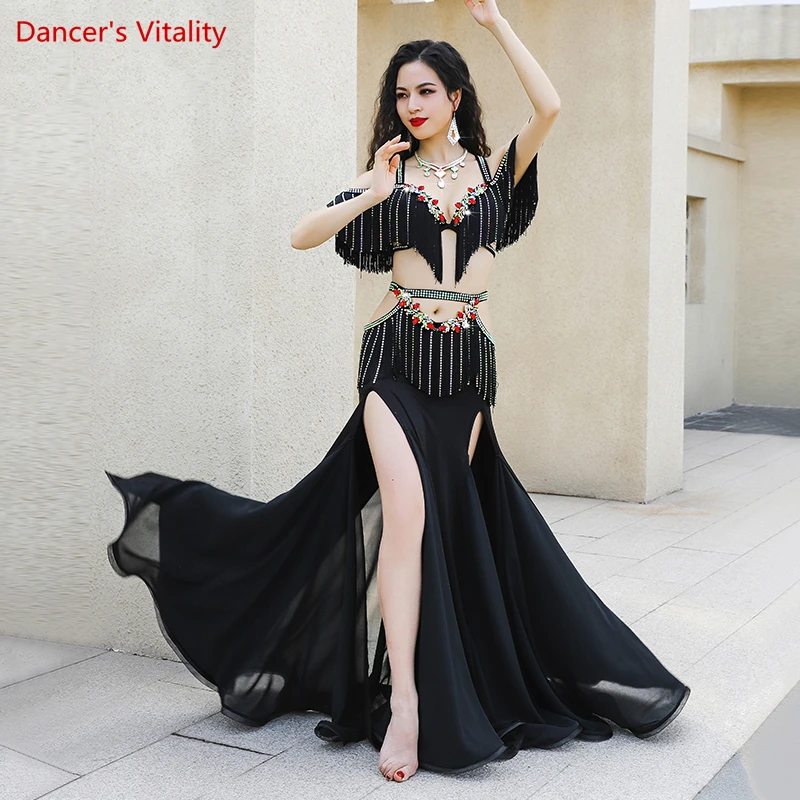 Disfraz de danza del vientre para mujer y niño adulto, sujetador y falda larga de lujo, Ropa de baile Oriental, 2 piezas